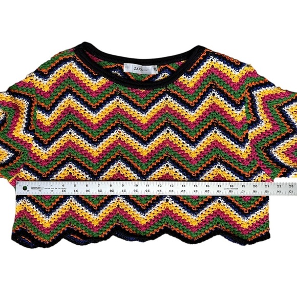 ZARA KNIT Multicolor Cropped Crochet Sweater Long Bell Sleeve ZigZag sz M - Picture 3 of 8